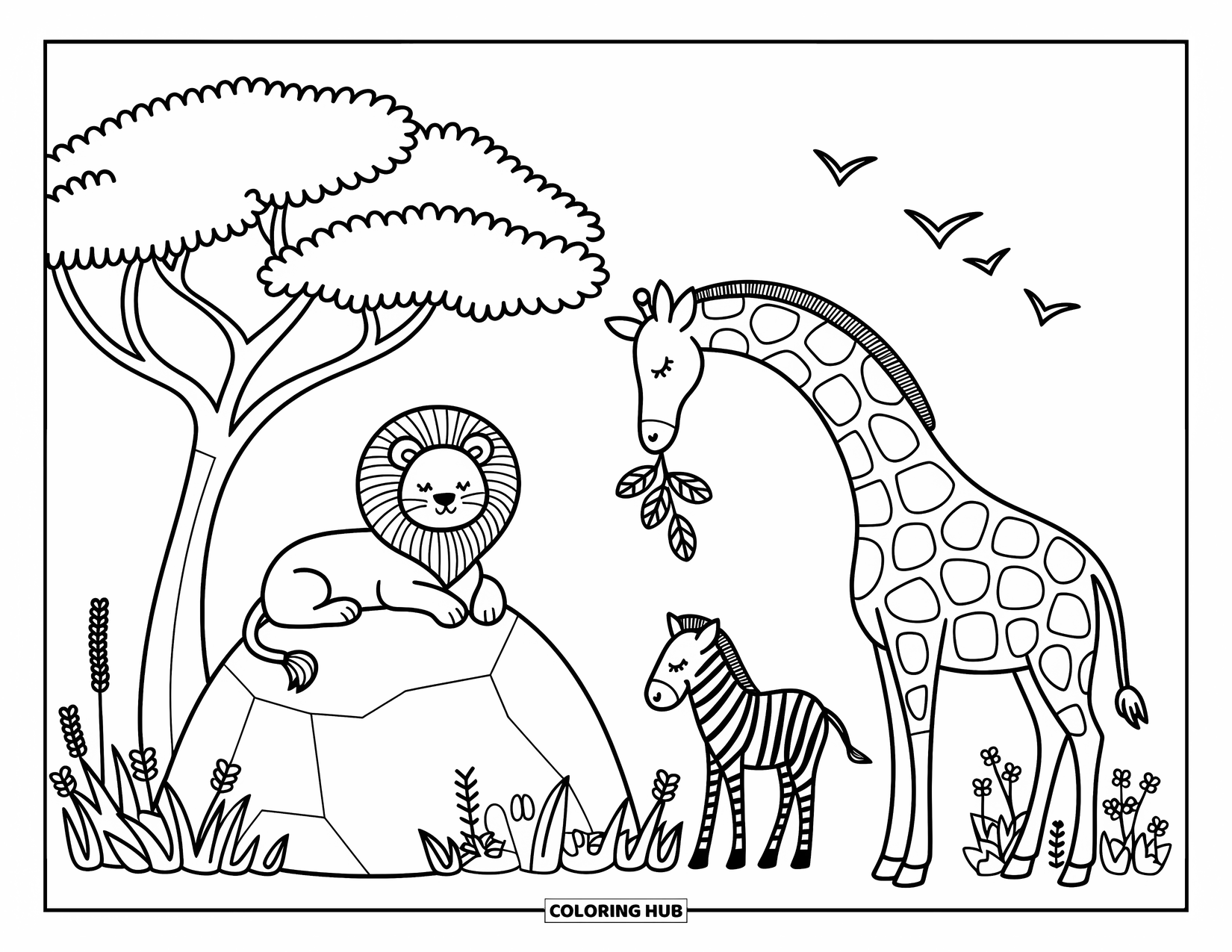 Safari Animal Coloring Page for Adults: A lion rests on a rock, a giraffe eats leaves, and a zebra stands nearby