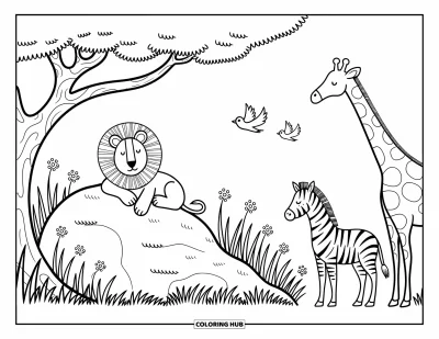 Szafari állatos kifestő felnőtteknek: Egy oroszlán pihen egy sziklán, mellette egy zsiráf és egy zebra az árnyékban