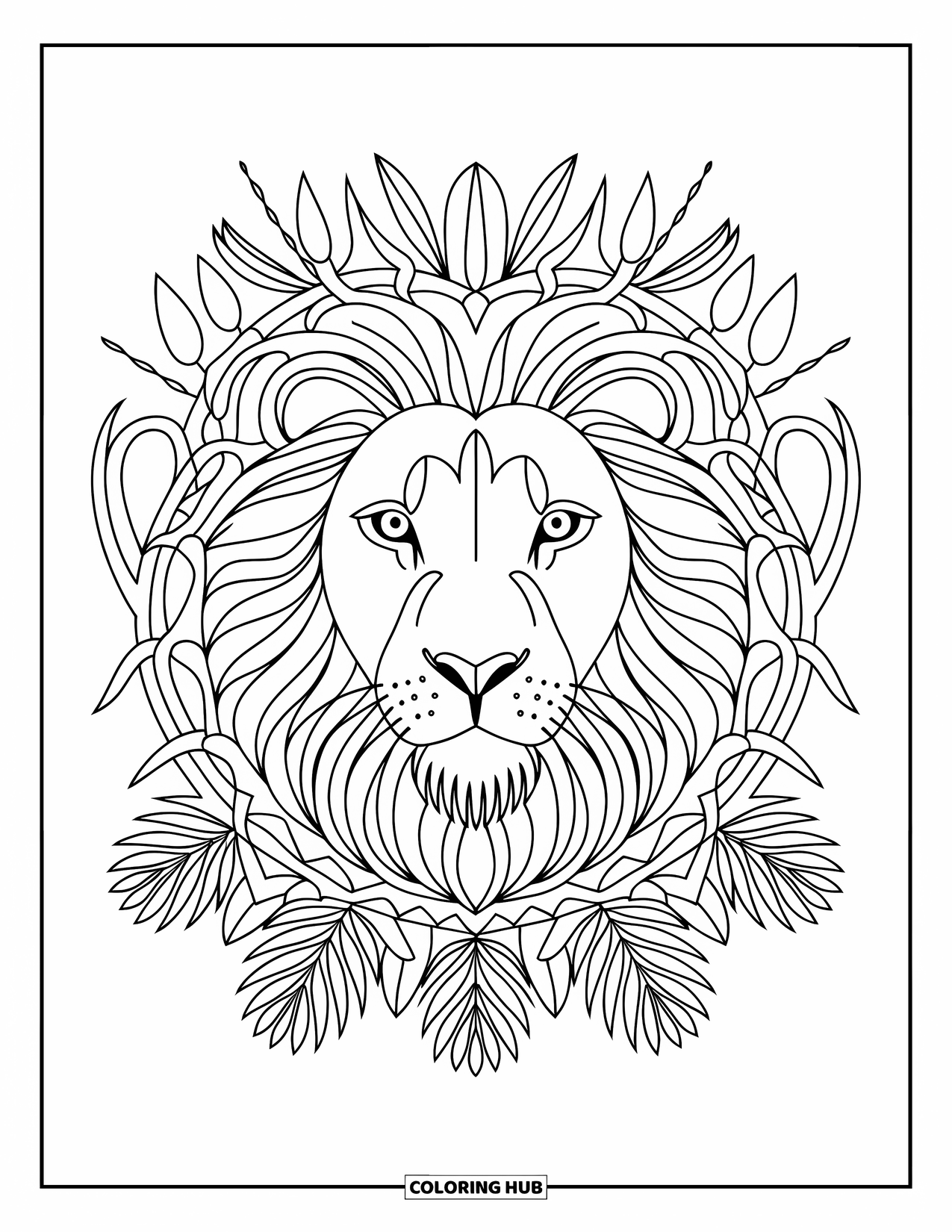 Safari Animal Coloring Page for Adults: A lion's face encircled by a detailed botanical mandala of savannah plants