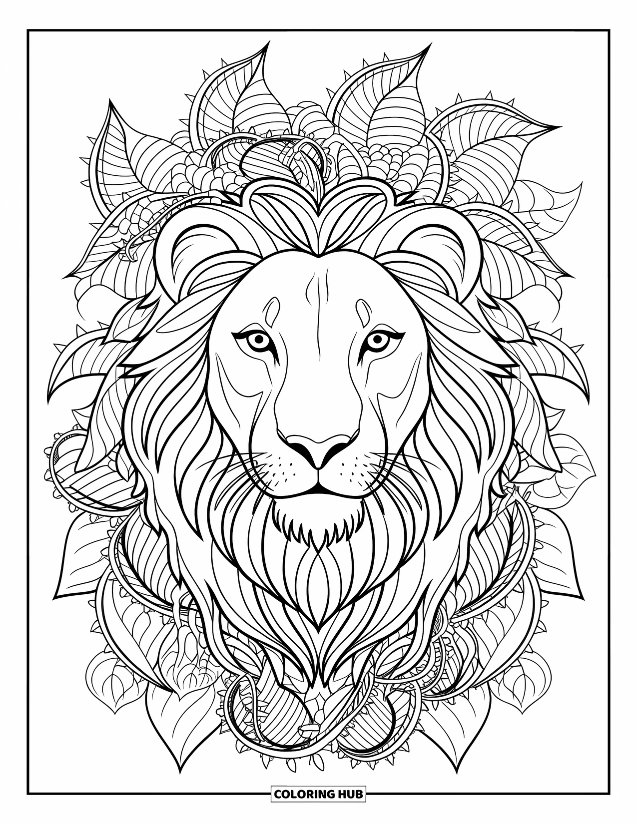 Safari Animal Coloring Page for Adults: A lion's face framed by layered mandala patterns of leaves and savannah grass