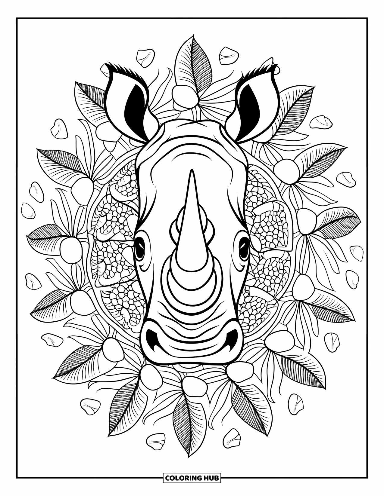 Safari Animal Coloring Page for Adults: A rhino face with a large horn encircled by leafy mandala patterns