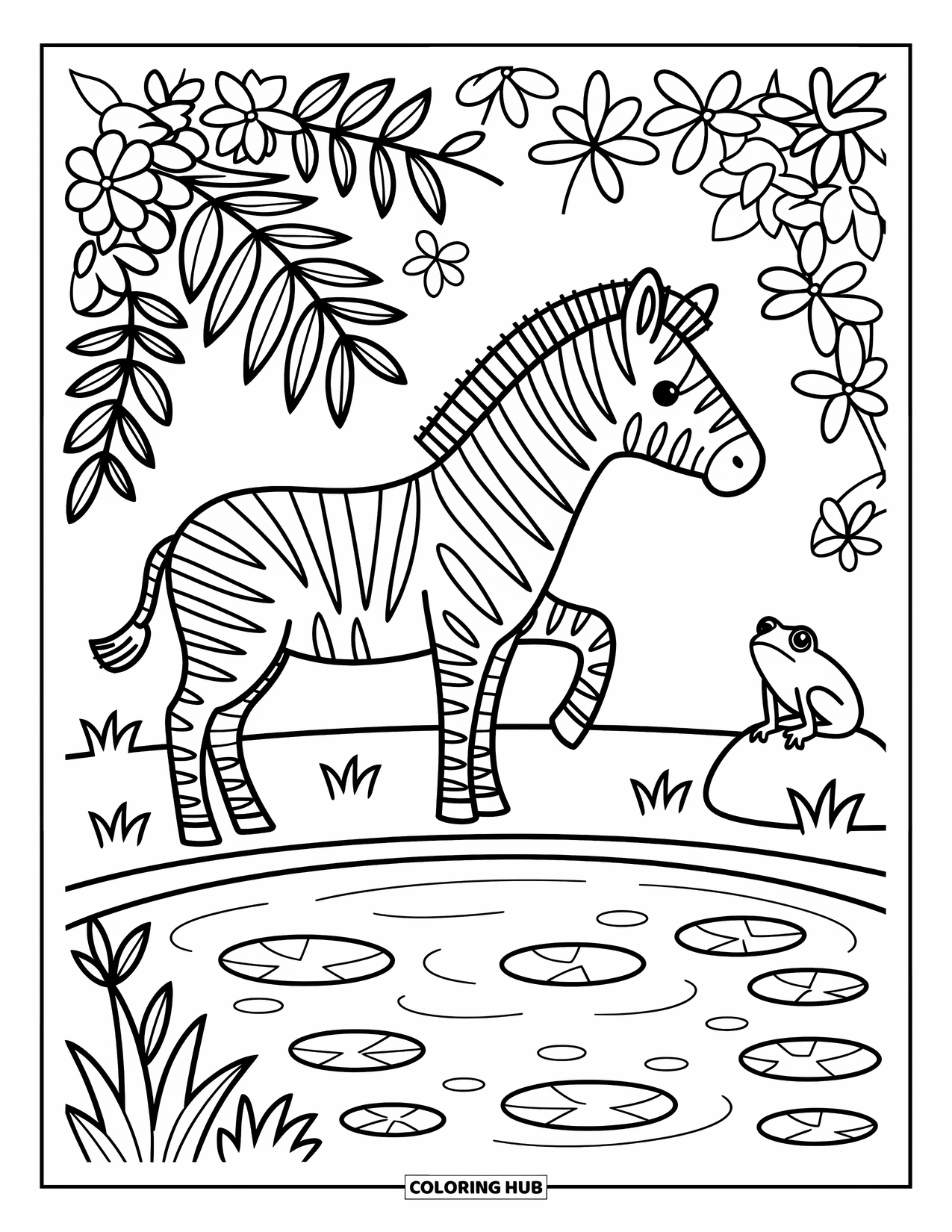 Safari Animal Coloring Page for Adults: A zebra rests near water with lily pads, ripples, and a frog watching nearby