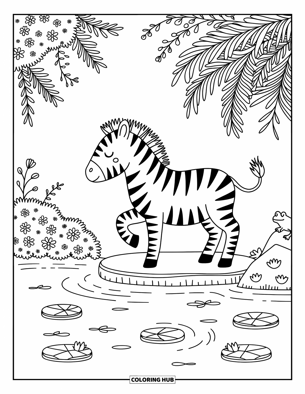 Safari Animal Coloring Page for Adults: A zebra stands by a watering hole with lily pads, fish, and a frog on a rock