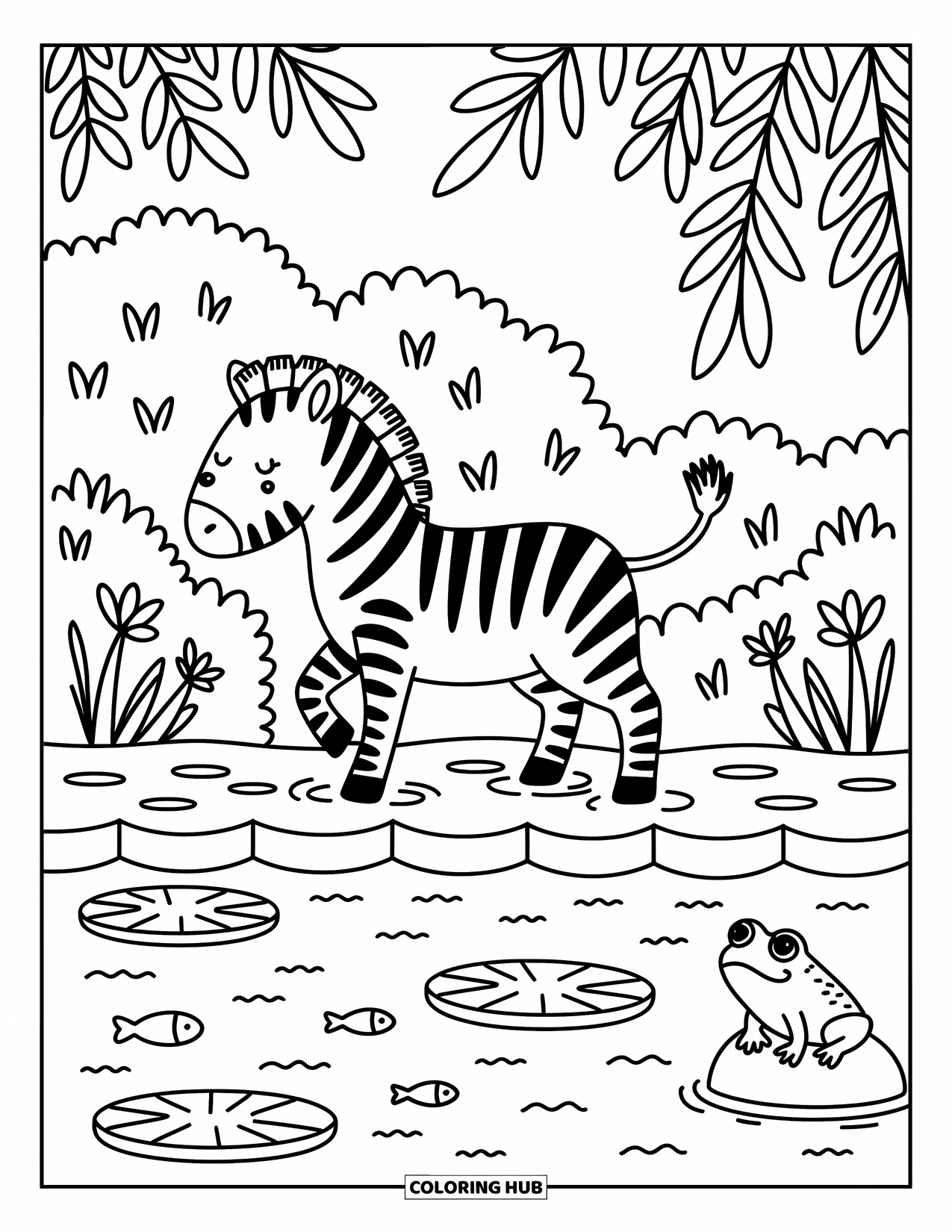 Safari Animal Coloring Page for Adults: A zebra stands by calm water with lily pads, ripples, and a frog on a rock