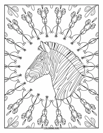 Szafari állatos kifestő felnőtteknek: Egy zebra feje sugárzó mandalában szavannai ihletésű díszítményekkel körülvéve
