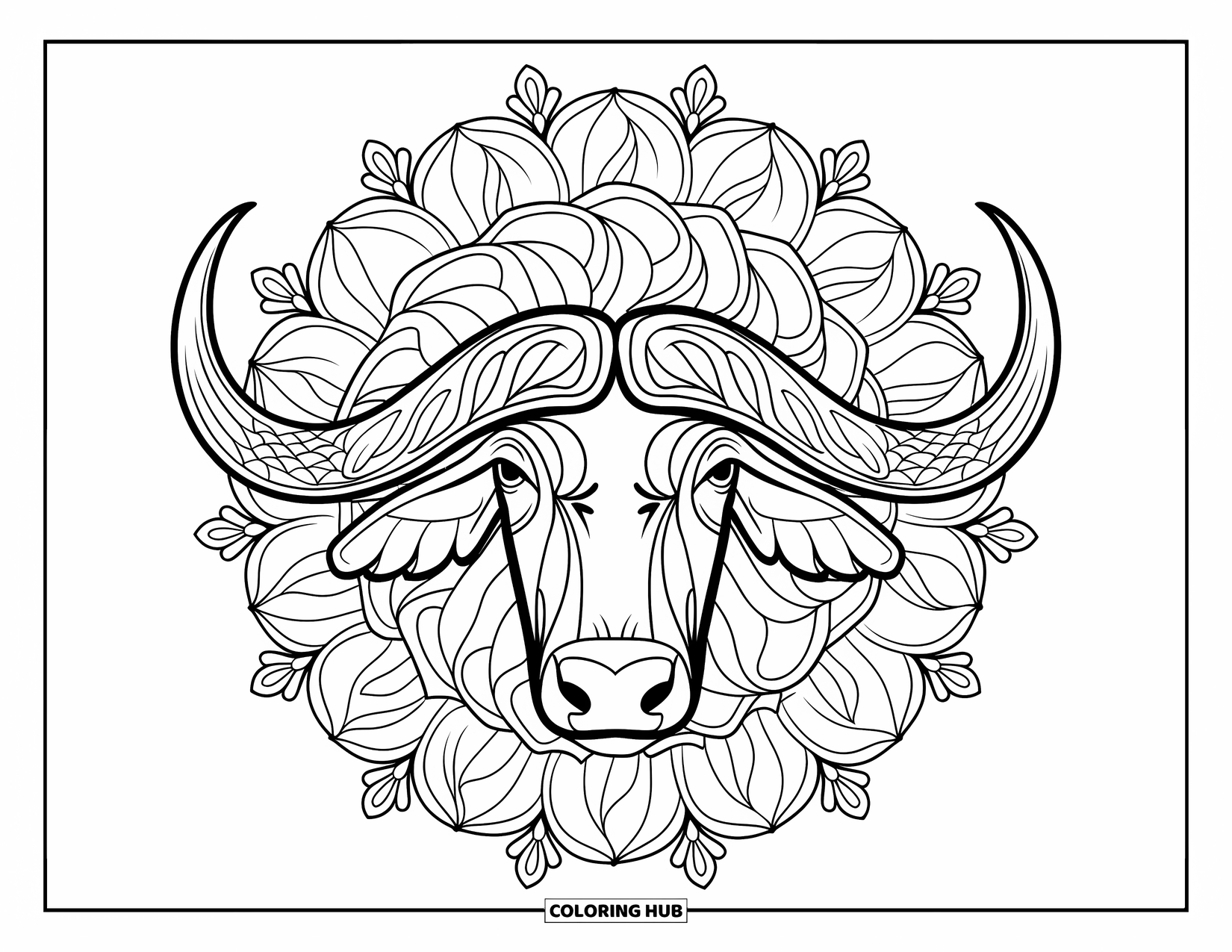Safari Animal Coloring Page for Adults: An African buffalo face with wide horns surrounded by a leafy floral mandala
