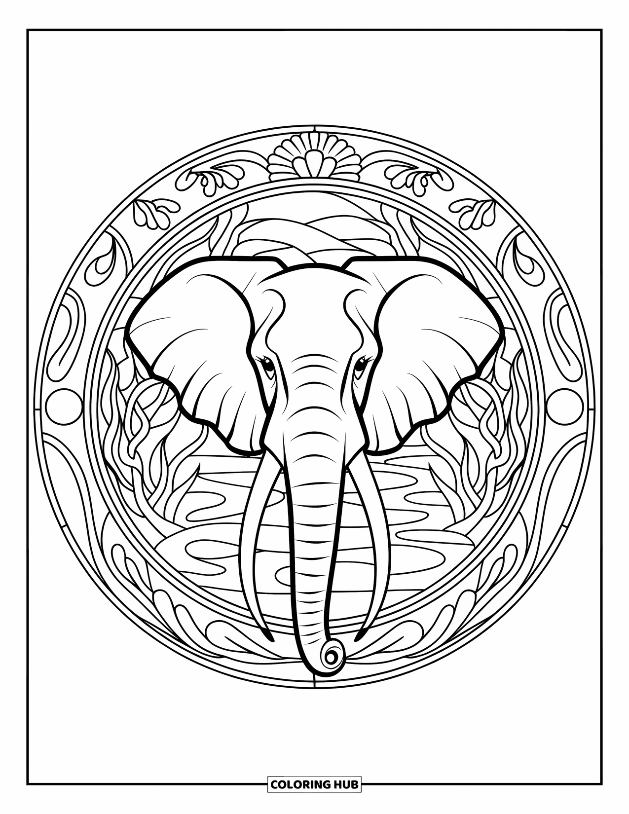 Safari Animal Coloring Page for Adults: An elephant face framed by floral and branch patterns in stained glass style