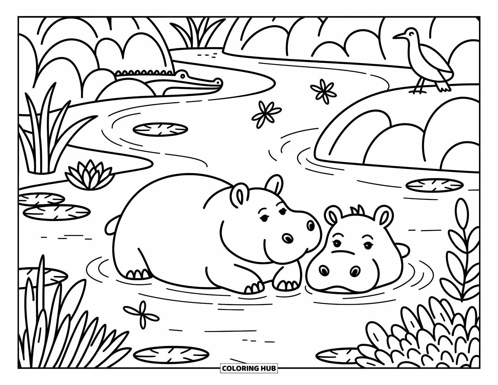 Safari Animal Coloring Page for Adults: Two hippos rest in a river with lily pads, dragonflies, and a crocodile tail