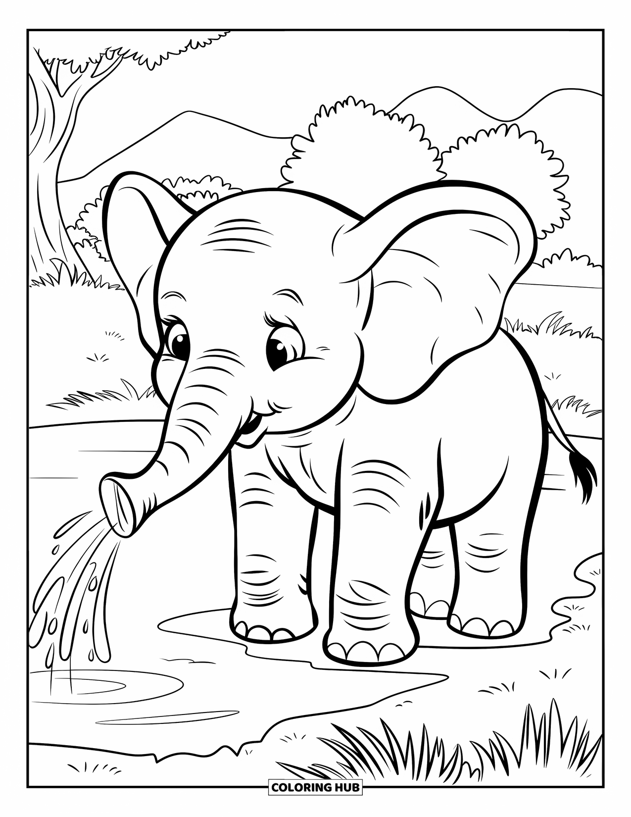 Safari Animal Coloring Page for Kids: A baby elephant spraying water happily by a pond