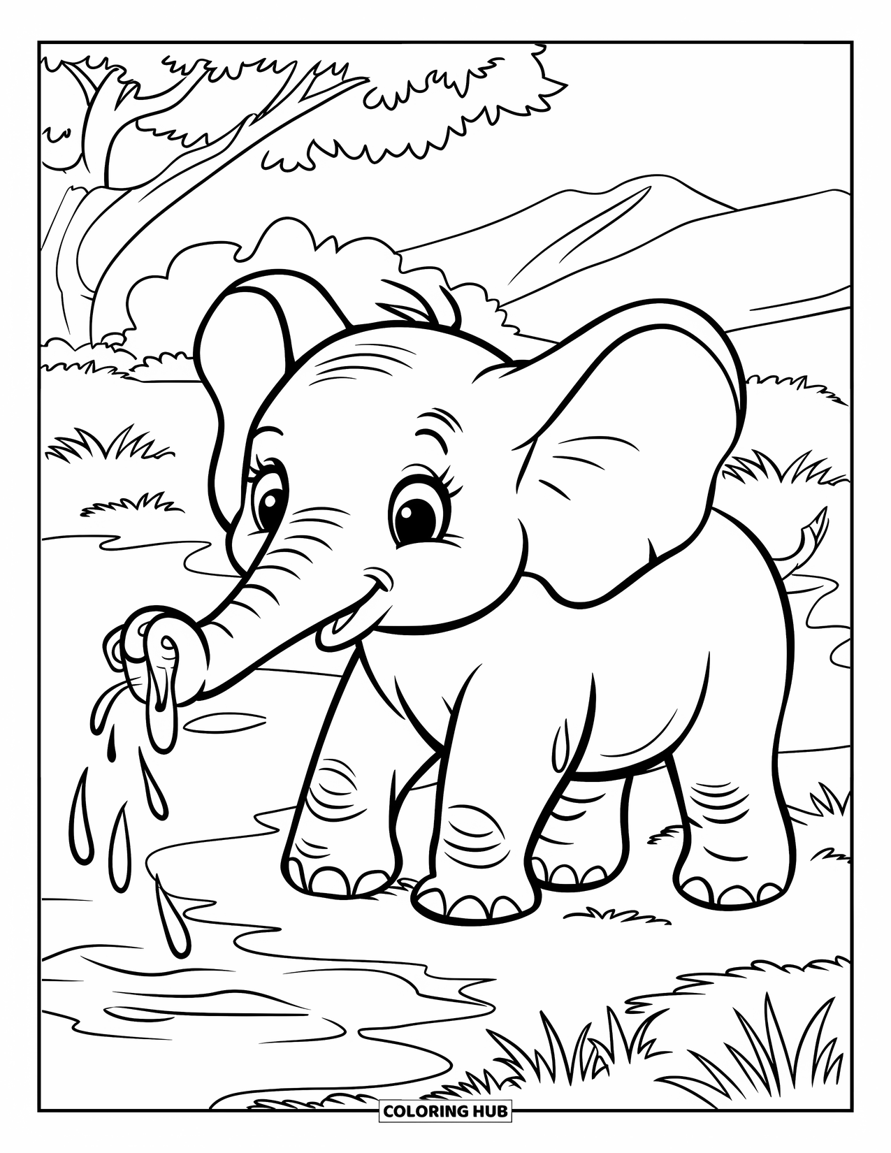 Safari Animal Coloring Page for Kids: A baby elephant spraying water playfully near trees and mountains