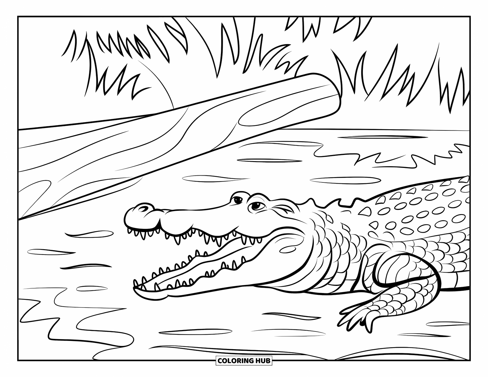 Safari Animal Coloring Page for Kids: A crocodile opening its mouth wide near a log in the water