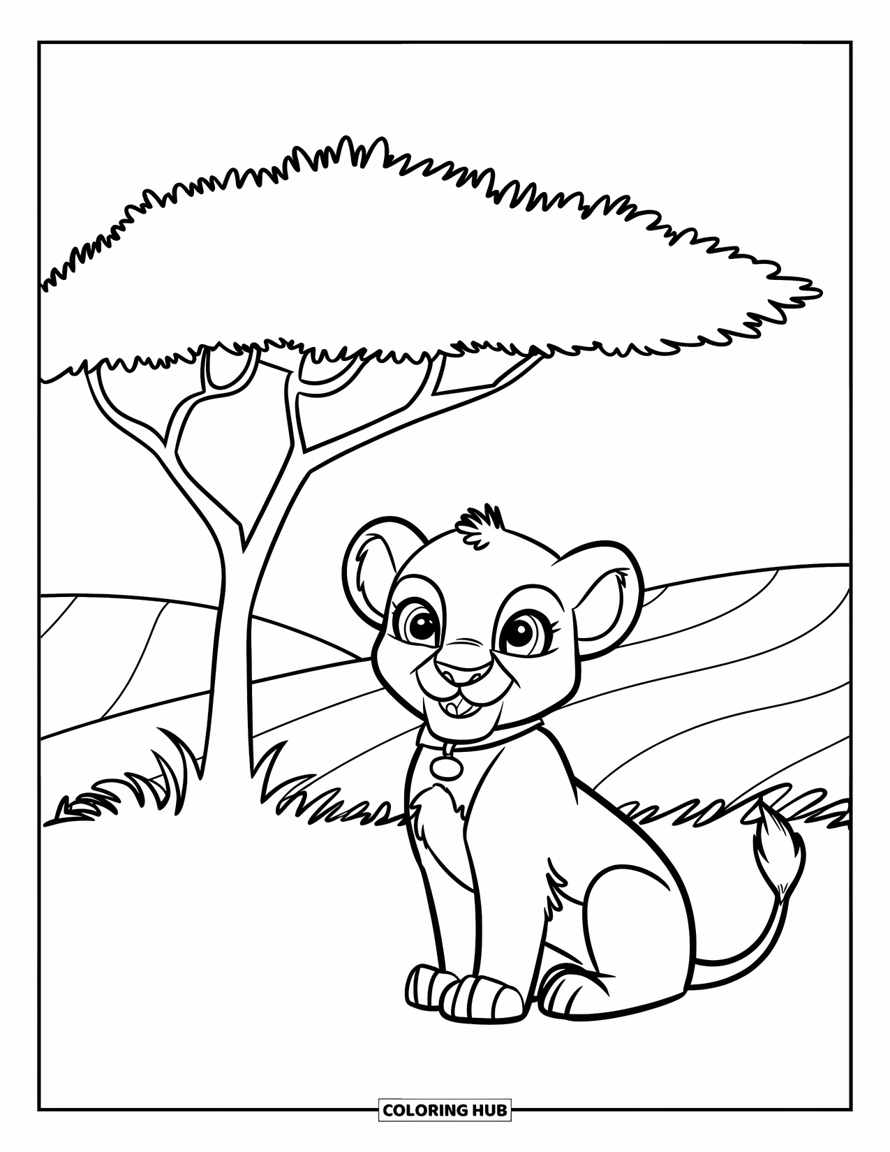 Safari Animal Coloring Page for Kids: A cute lion sitting near an acacia tree with a hill behind