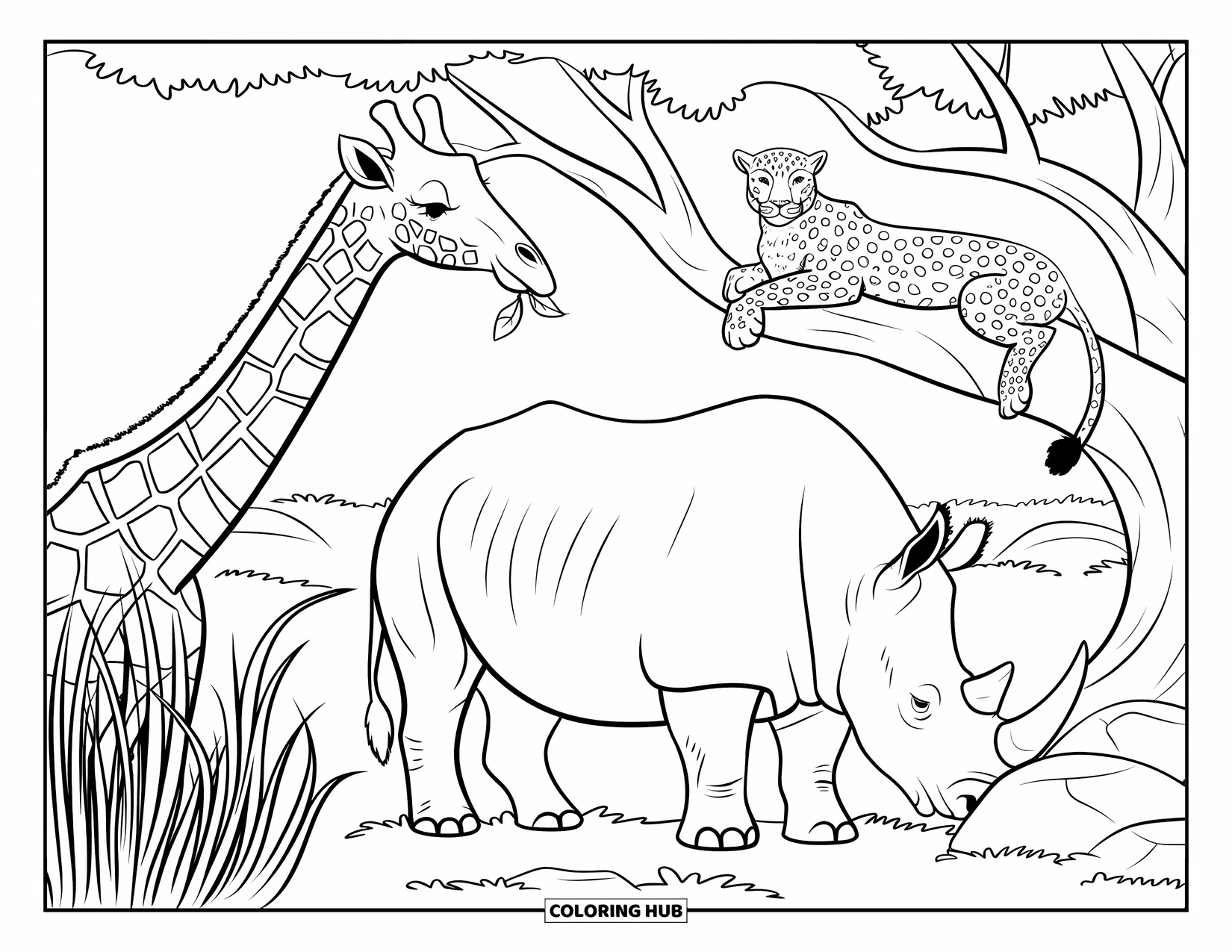 Safari Animal Coloring Page for Kids: A giraffe eating, a leopard lounging, and a rhino grazing near tall grass