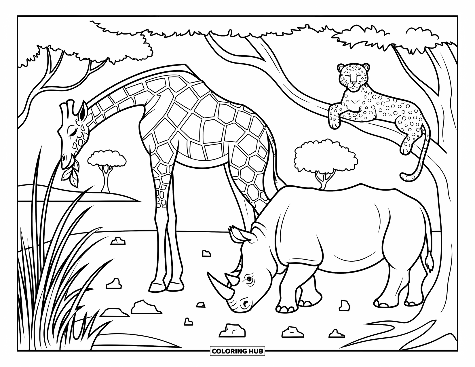 Safari Animal Coloring Page for Kids: A giraffe, leopard, and rhino resting in a bold safari-inspired design