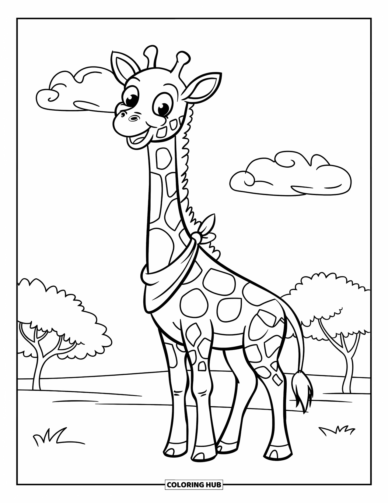 Safari Animal Coloring Page for Kids: A giraffe smiling brightly while standing tall in the open grassland