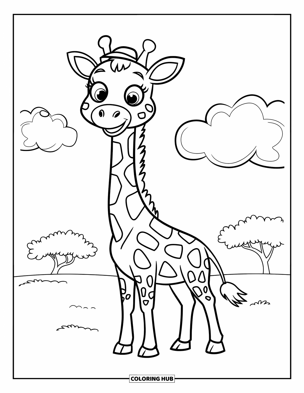 Safari Animal Coloring Page for Kids: A giraffe with a cheerful face standing under two soft clouds