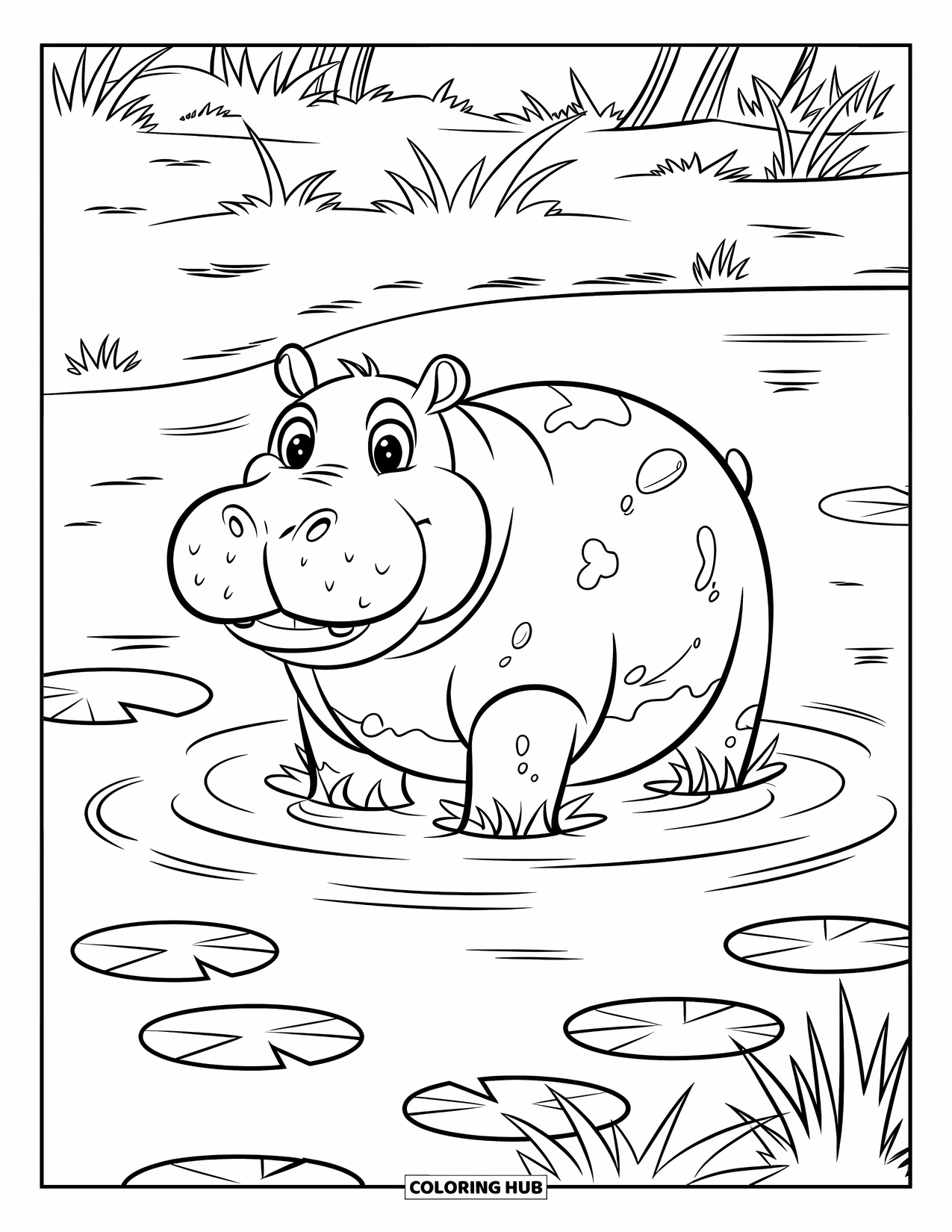 Safari Animal Coloring Page for Kids: A hippo rising from water with ripples, mud, and lily pads