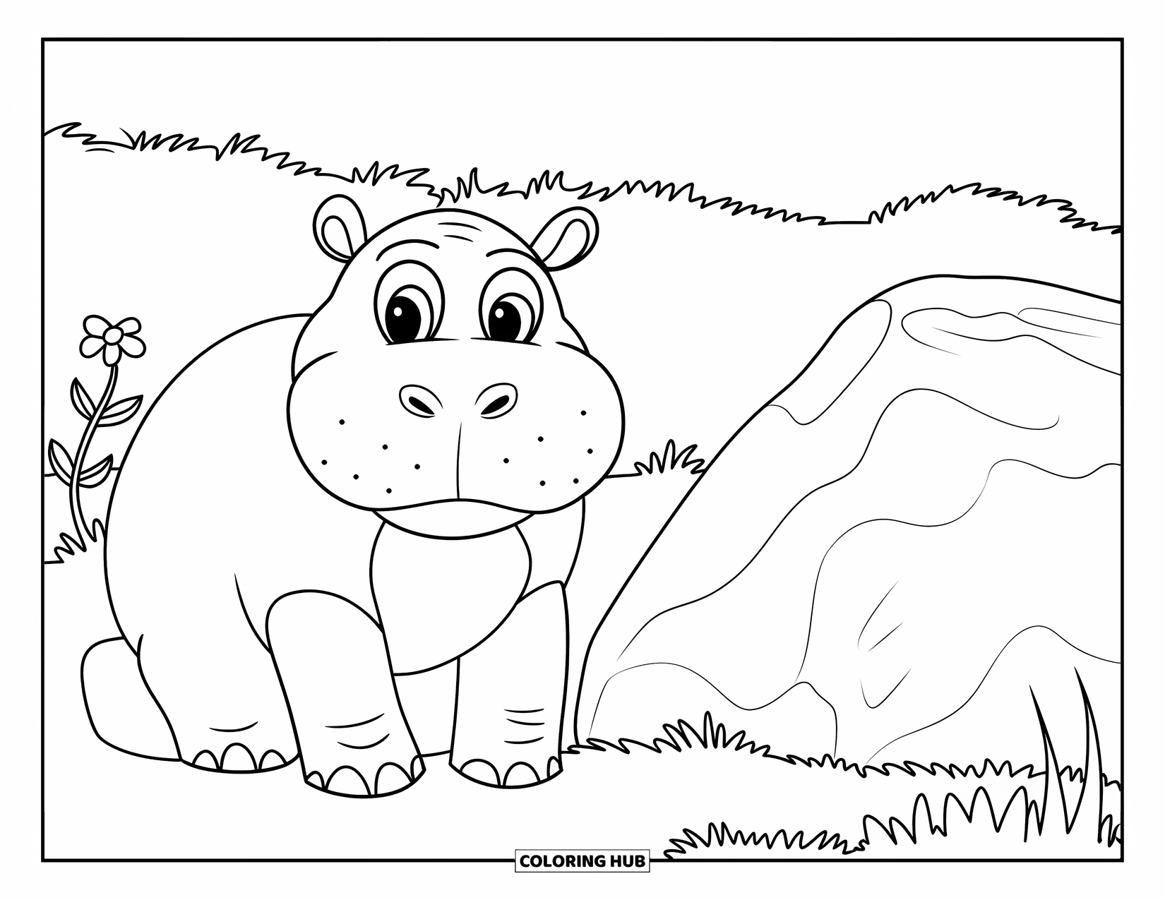 Safari Animal Coloring Page for Kids: A hippo sitting happily near a rock and a single flower