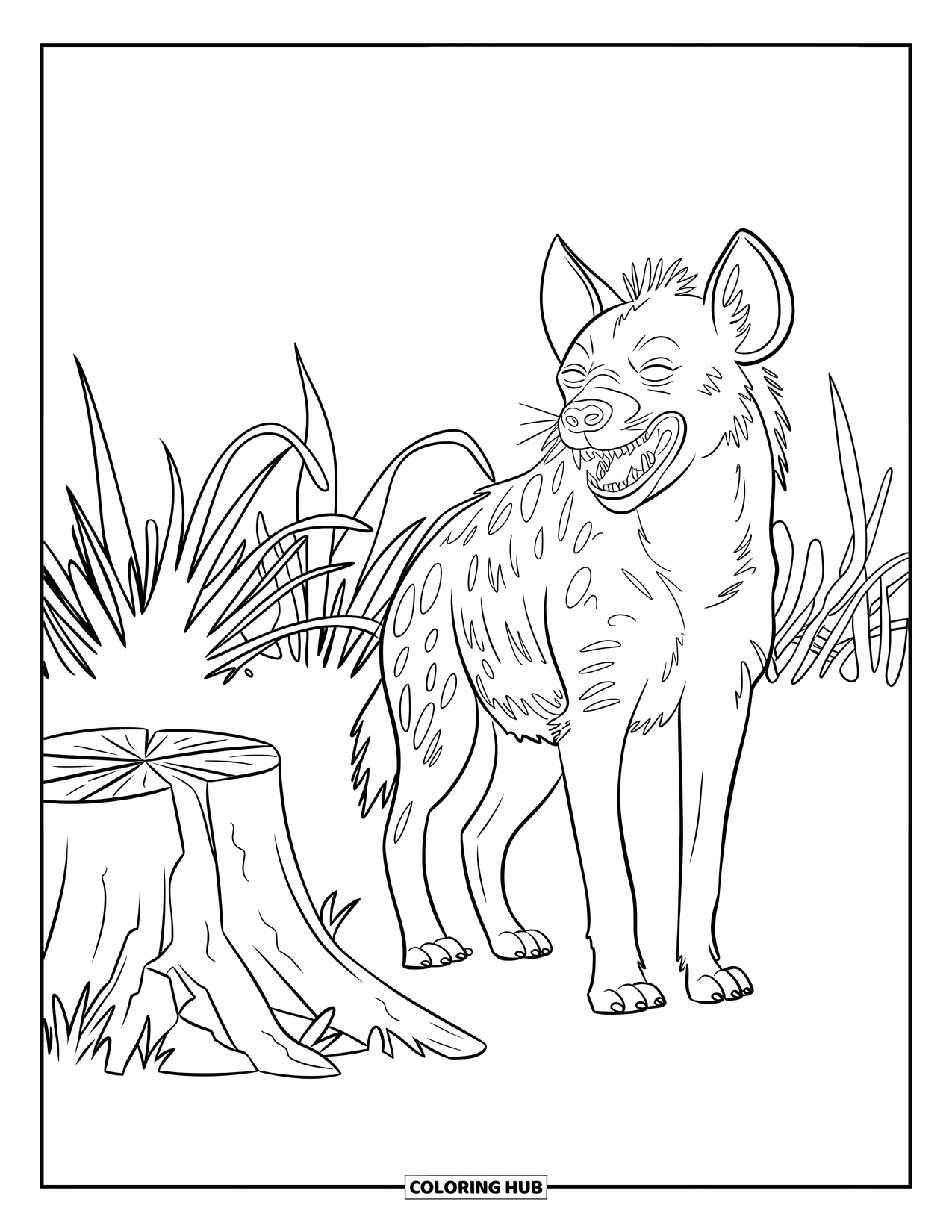 Safari Animal Coloring Page for Kids: A hyena laughing loudly while standing near a cracked tree stump