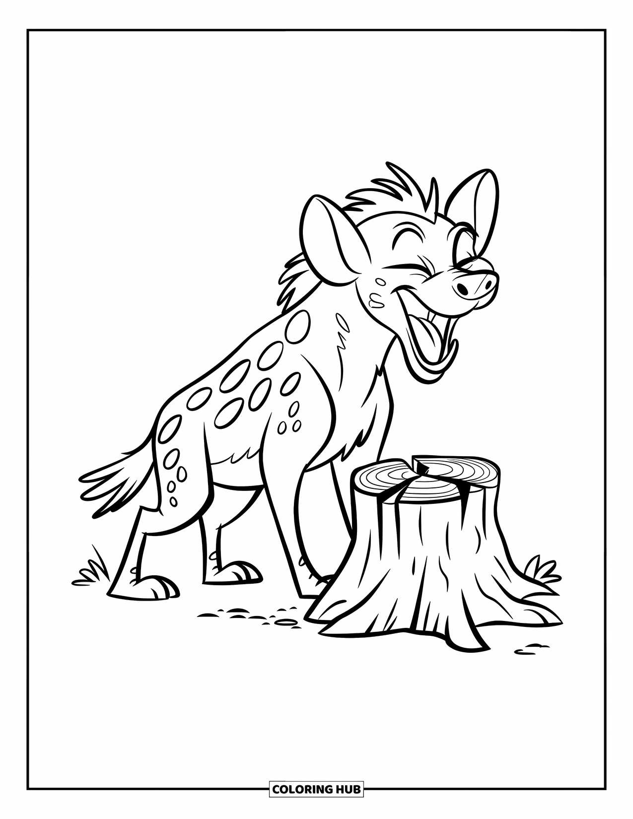 Safari Animal Coloring Page for Kids: A laughing hyena standing near a cracked stump in a safari scene