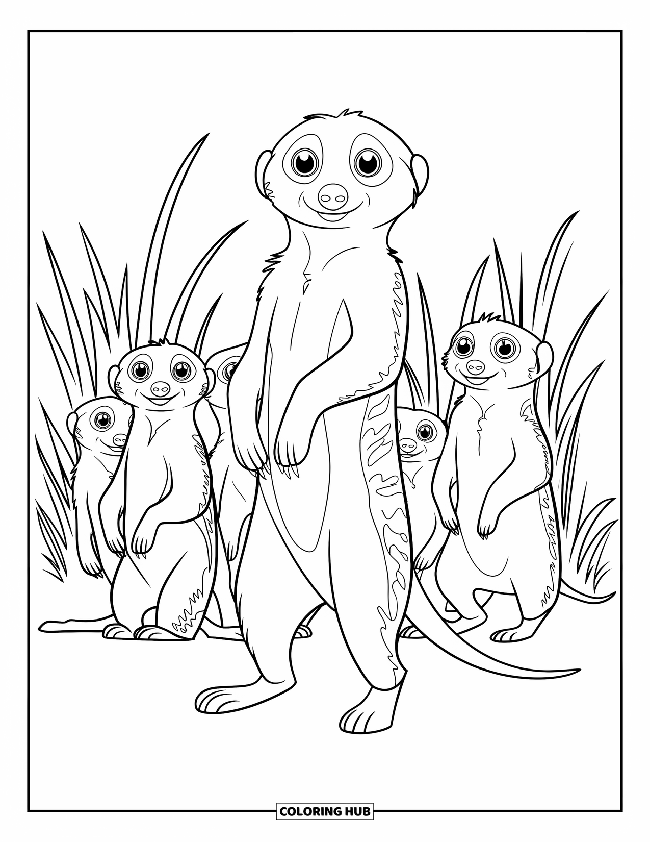 Safari Animal Coloring Page for Kids: A meerkat standing tall with its family watching in the savannah grass