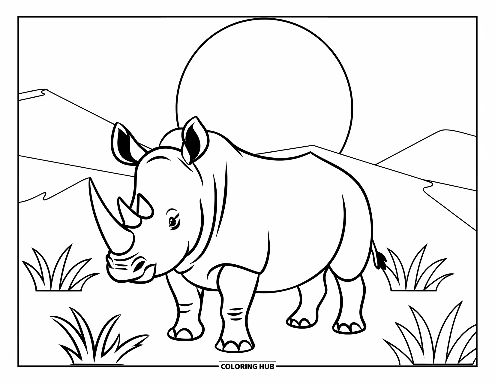 Safari Animal Coloring Page for Kids: A rhino standing by tufts of grass with dunes behind