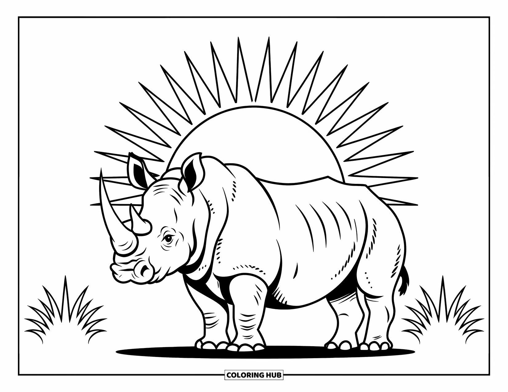 Safari Animal Coloring Page for Kids: A rhino standing in grass under the large, glowing sun