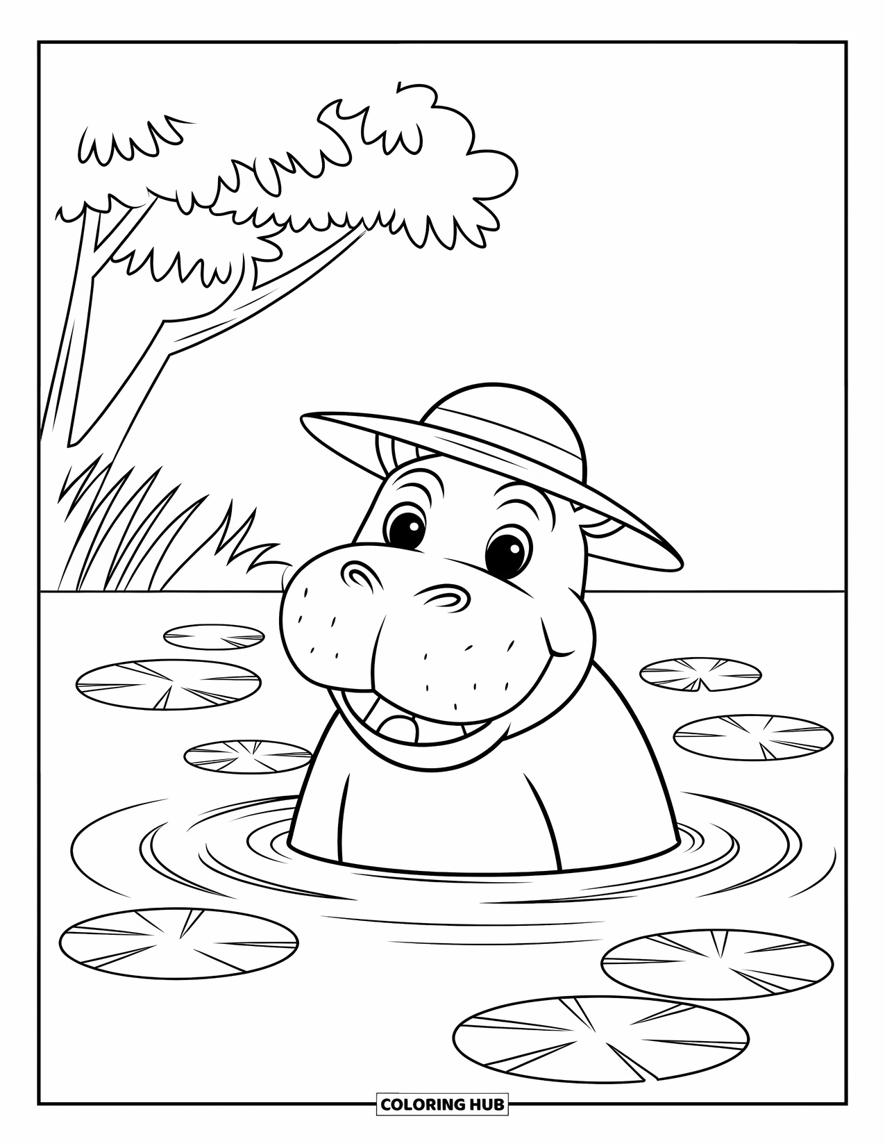 Safari Animal Coloring Page for Kids: A smiling hippo in water with lily pads and a straw hat