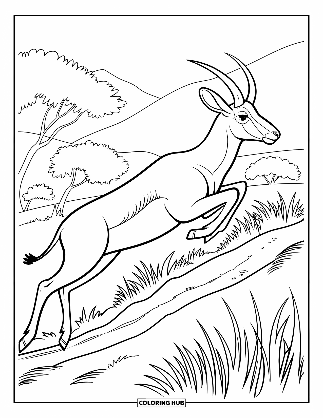Safari Animal Coloring Page for Kids: An antelope jumping high with tall grasses and mountains behind