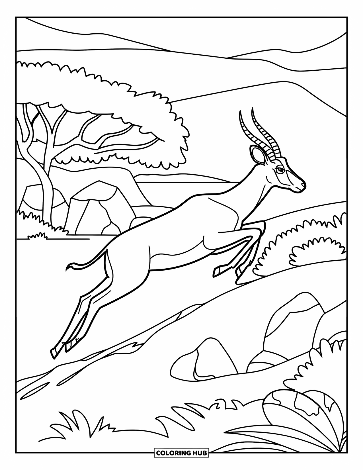 Safari Animal Coloring Page for Kids: An antelope leaping across uneven ground with trees and rocks behind