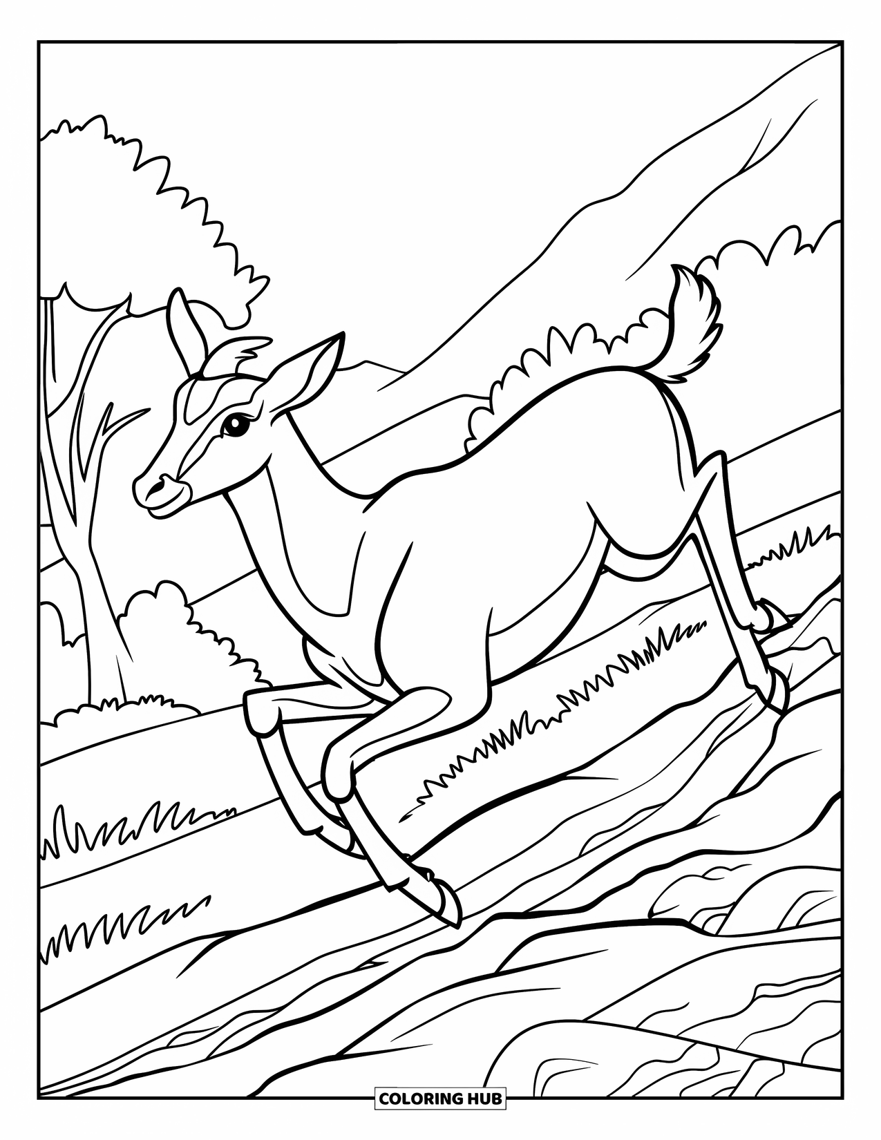 Safari Animal Coloring Page for Kids: An antelope leaping over rocky land with a small trail behind