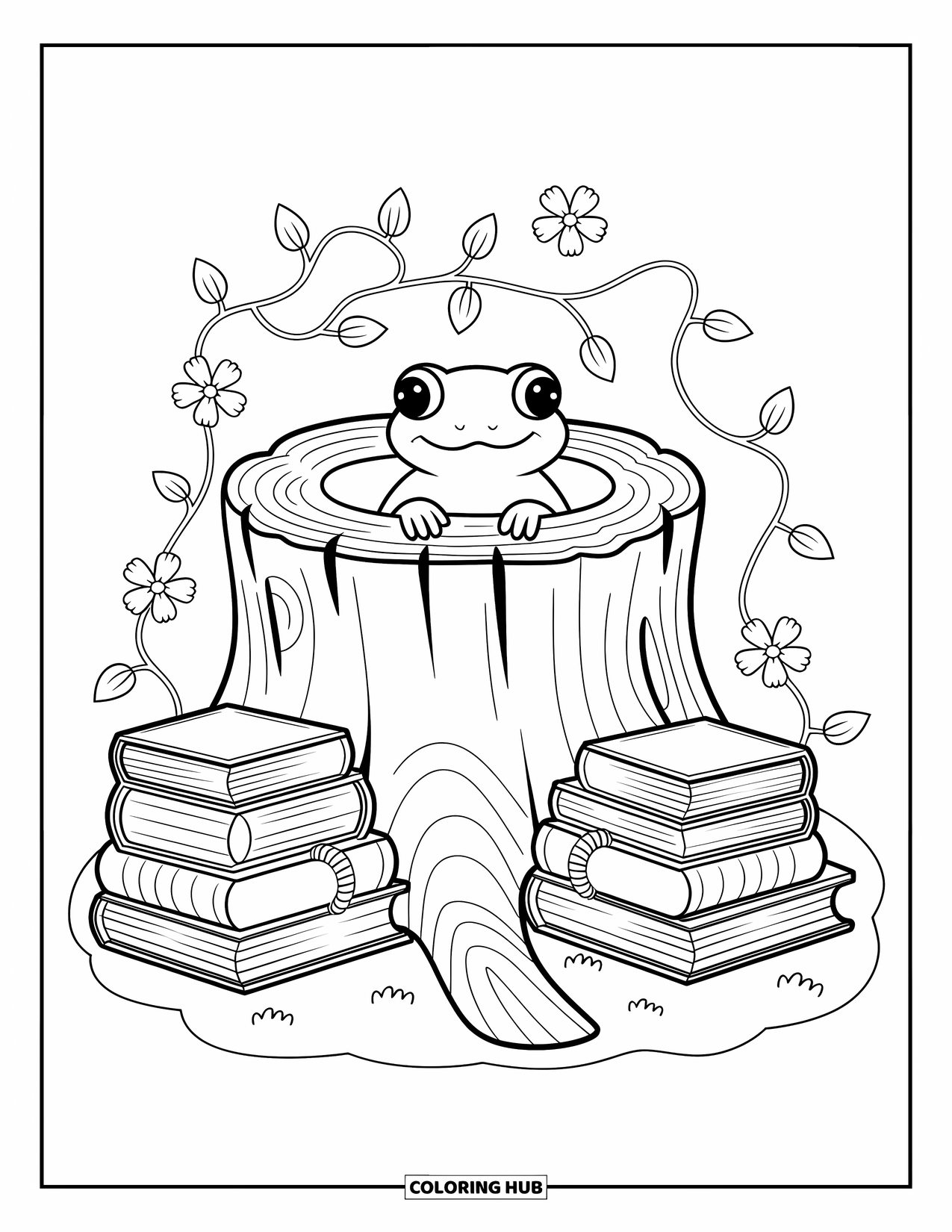 Salamander Coloring Page for Adults: Curious salamander in a tree stump with miniature books and flowers