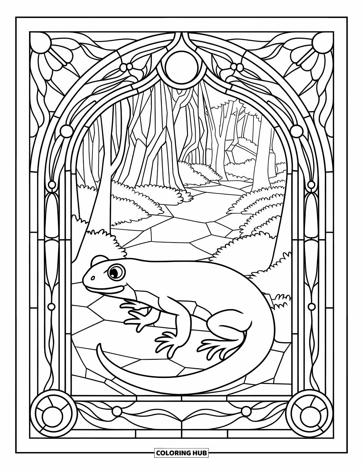 Salamander Coloring Page for Adults: Salamander inside a stained glass frame of forest scenery