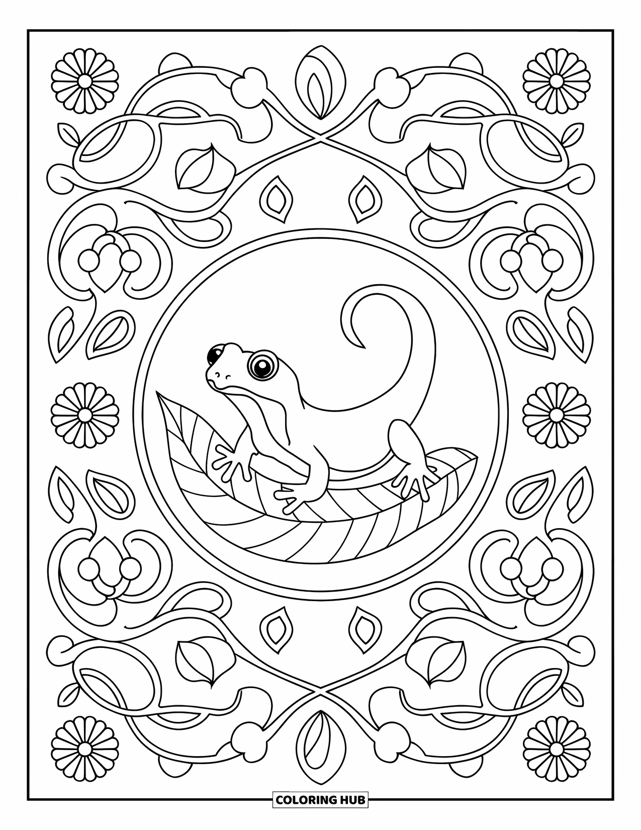 Salamander Coloring Page for Adults: Salamander on a leaf at the center of a floral vine pattern