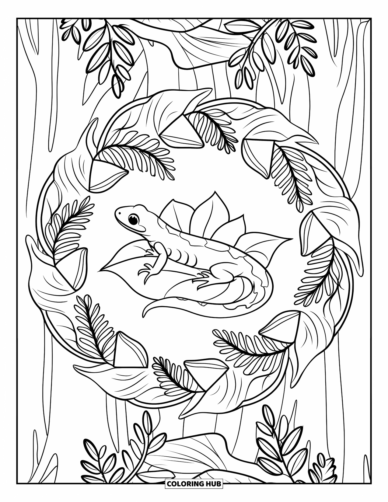 Salamander Coloring Page for Adults: Salamander on a leaf in a mandala of ferns and forest trees