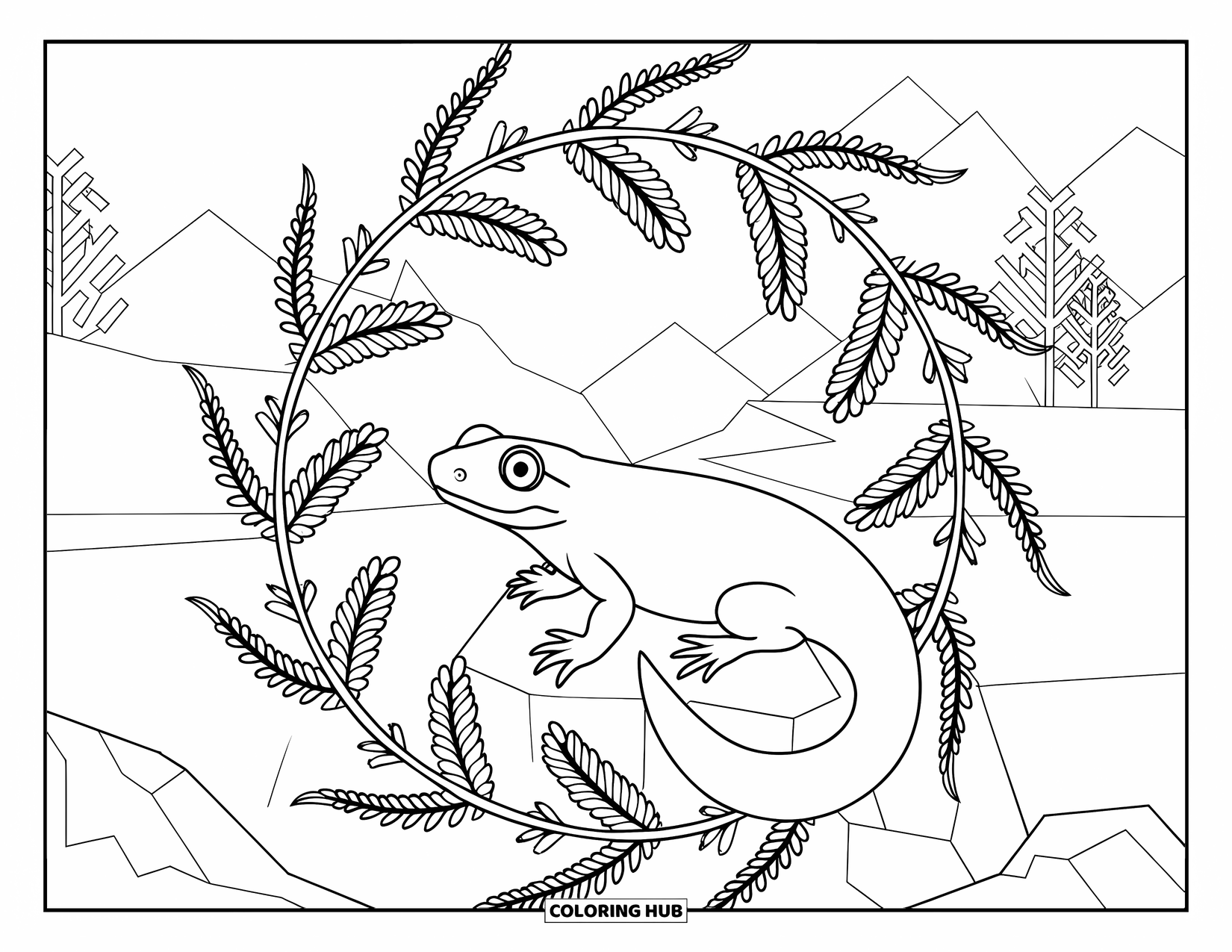 Salamander Coloring Page for Adults: Salamander on a rock surrounded by fern mandala designs
