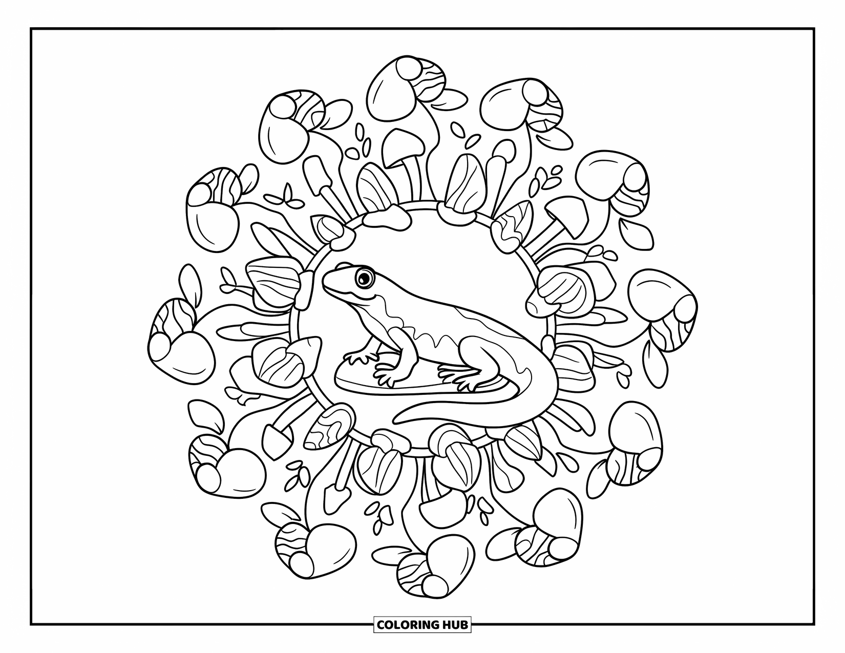 Salamander Coloring Page for Adults: Salamander sitting on a stone within a mushroom and leaf mandala