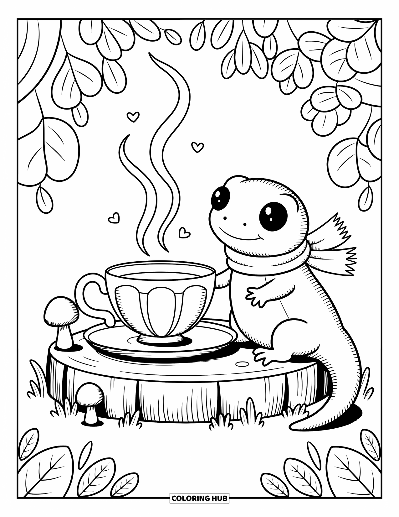 Salamander Coloring Page for Adults: Salamander with a scarf enjoying tea beside mossy mushrooms