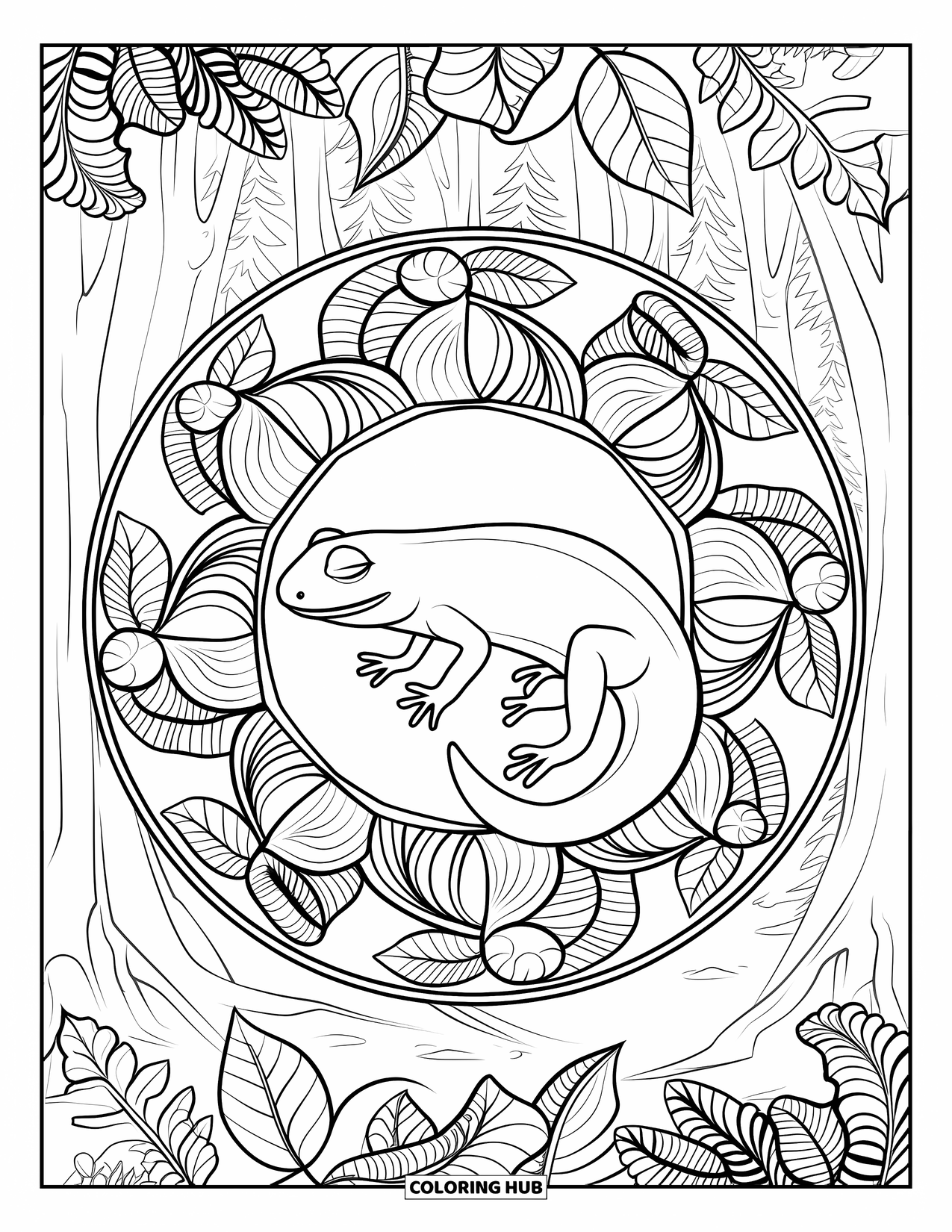 Salamander Coloring Page for Adults: Salamander with eyes closed in a mandala of forest leaves and ferns