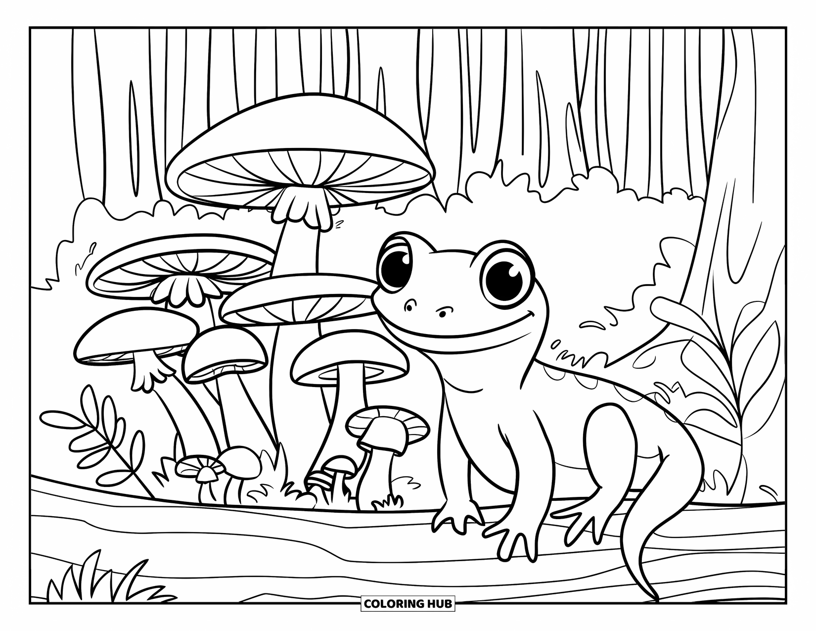 Salamander Coloring Page for Kids: Big-eyed salamander on a log near mushrooms and insects