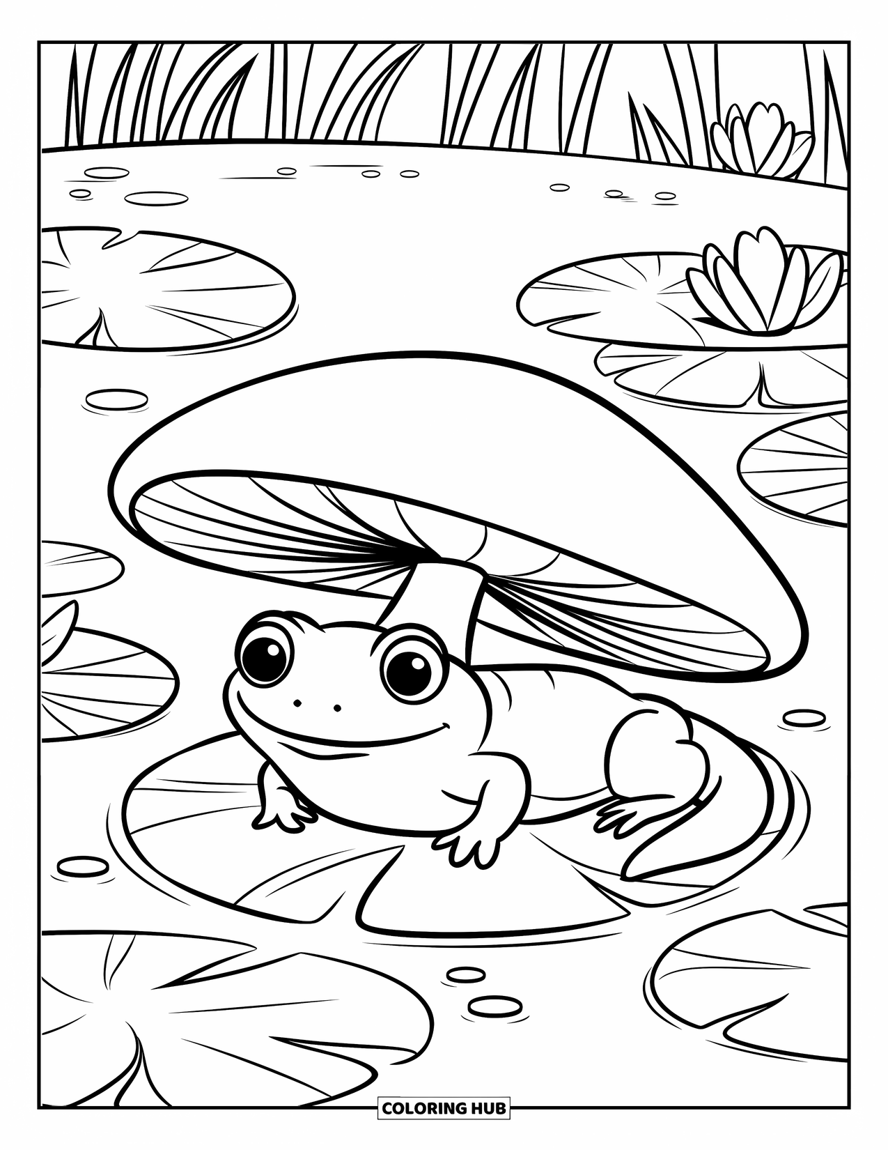 Salamander Coloring Page for Kids: Chubby salamander under mushroom on lily pad in pond