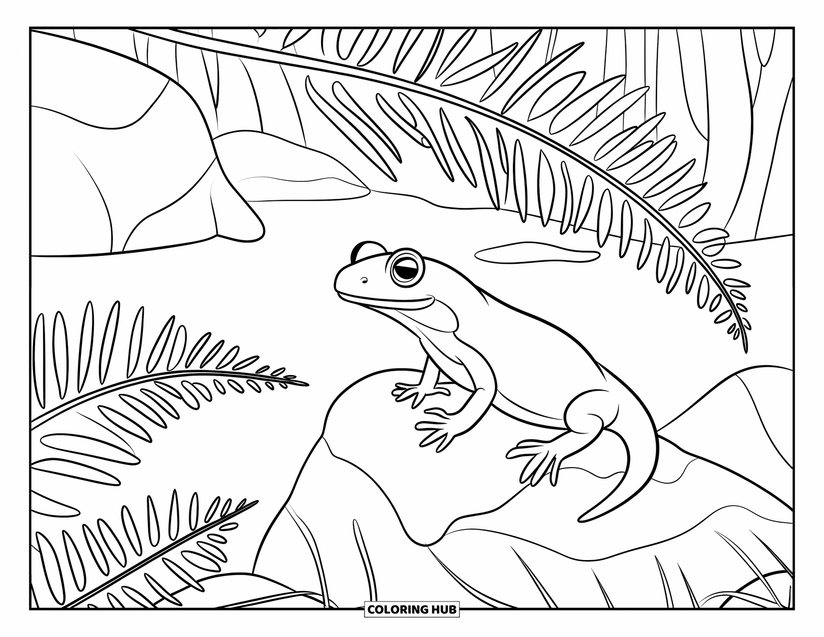 Salamander Coloring Page for Kids: Salamander on a rock with ferns and forest scenery