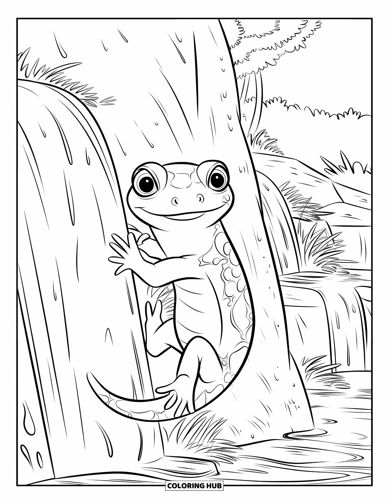 Salamander Coloring Page for Kids: Shiny-scaled salamander on a textured rock wall with tiny waterfalls