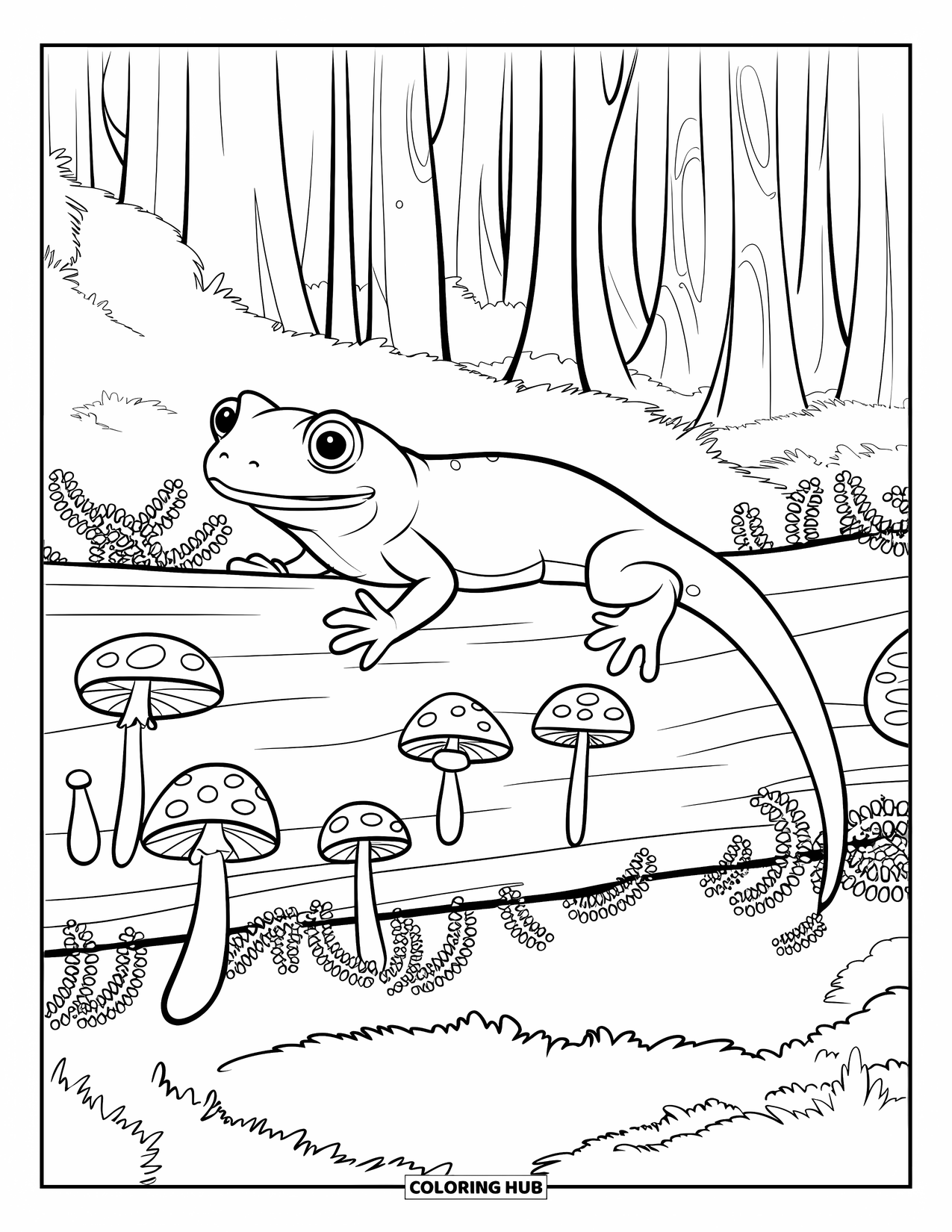 Salamander Coloring Page for Kids: Slimy salamander on a log surrounded by mushrooms and ferns