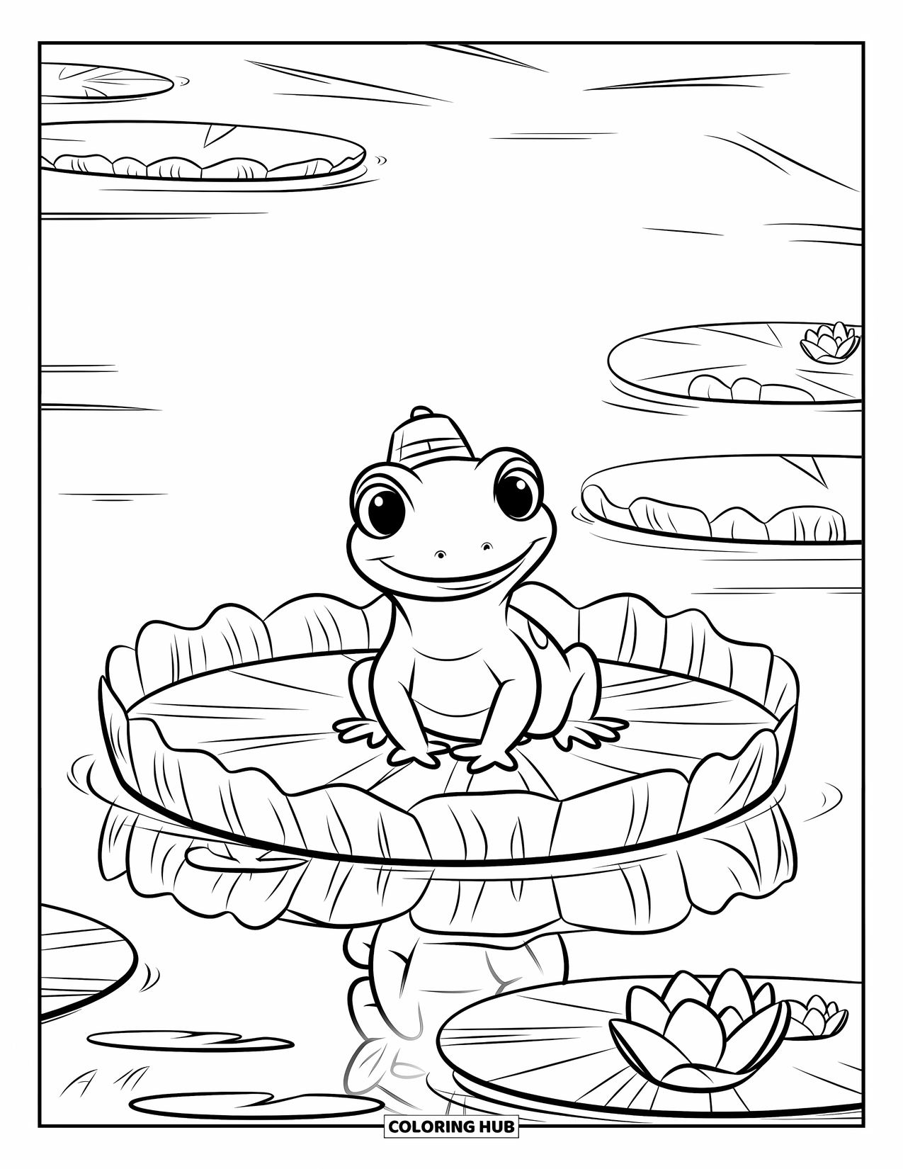 Salamander Coloring Page for Kids: Smiling salamander in a hat on lily pad with flowers