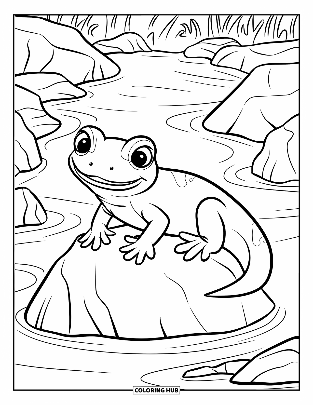 Salamander Coloring Page for Kids: Smiling salamander on a rock in a winding stream
