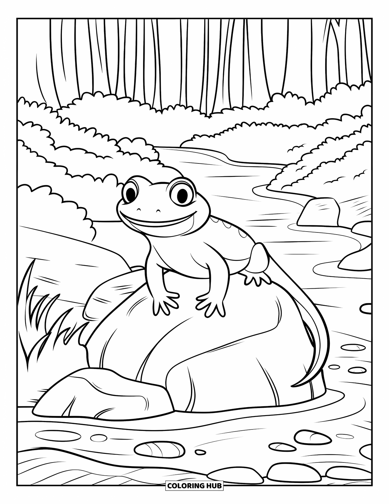 Salamander Coloring Page for Kids: Smiling salamander on rock near clear stream in forest