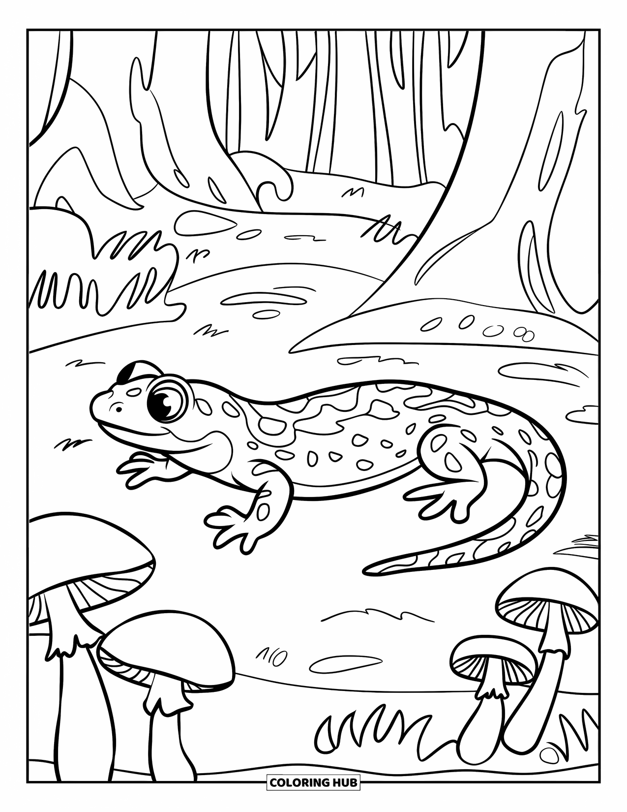 Salamander Coloring Page for Kids: Spotted salamander on mossy ground near mushrooms in a forest