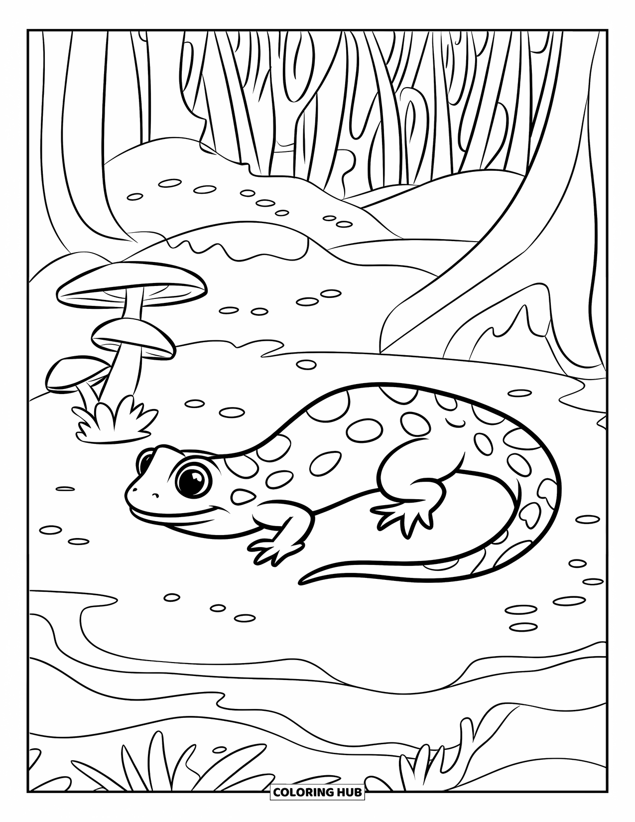 Salamander Coloring Page for Kids: Spotted salamander resting on mossy ground with mushrooms