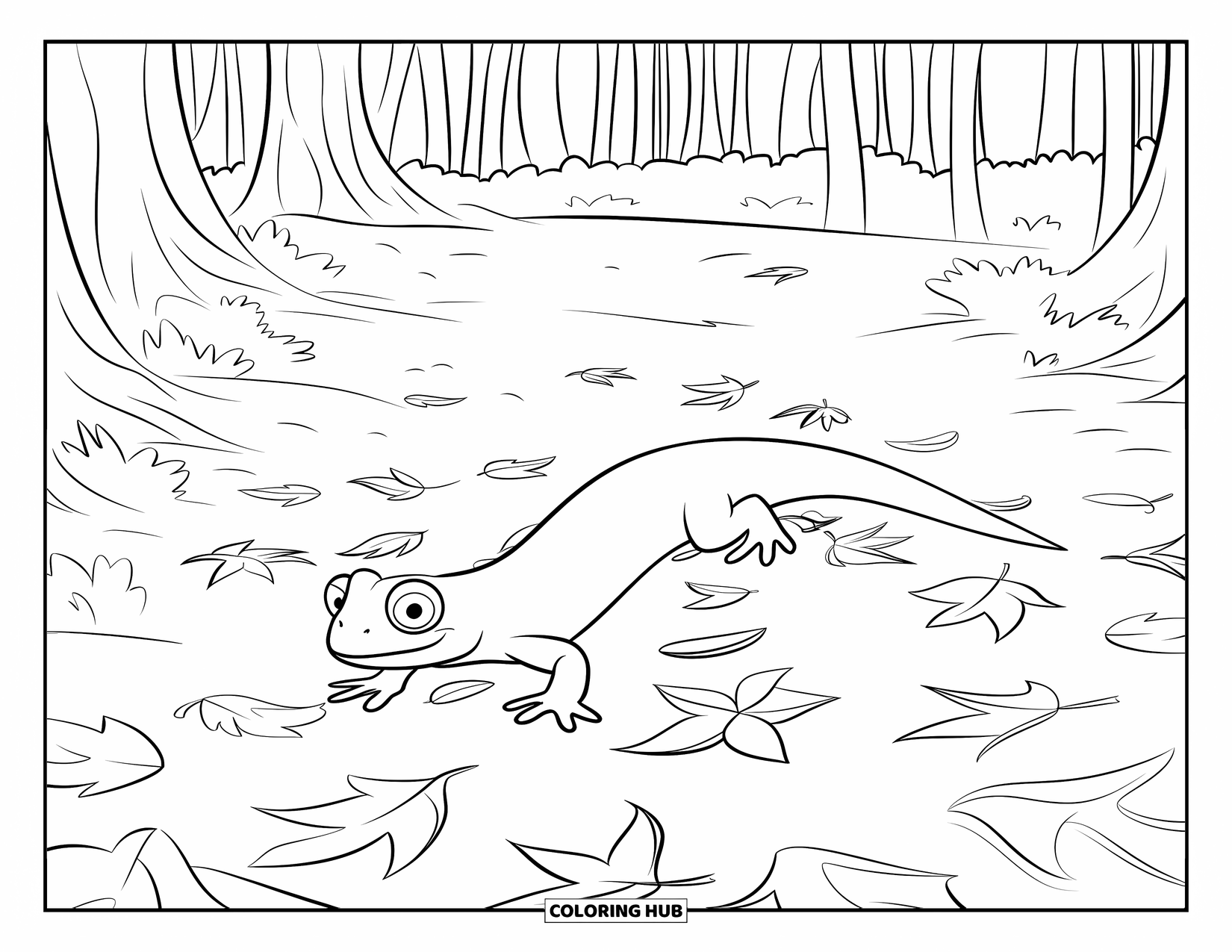 Salamander Coloring Page for Kids: Wide-eyed salamander crawling across colorful autumn leaves in a forest